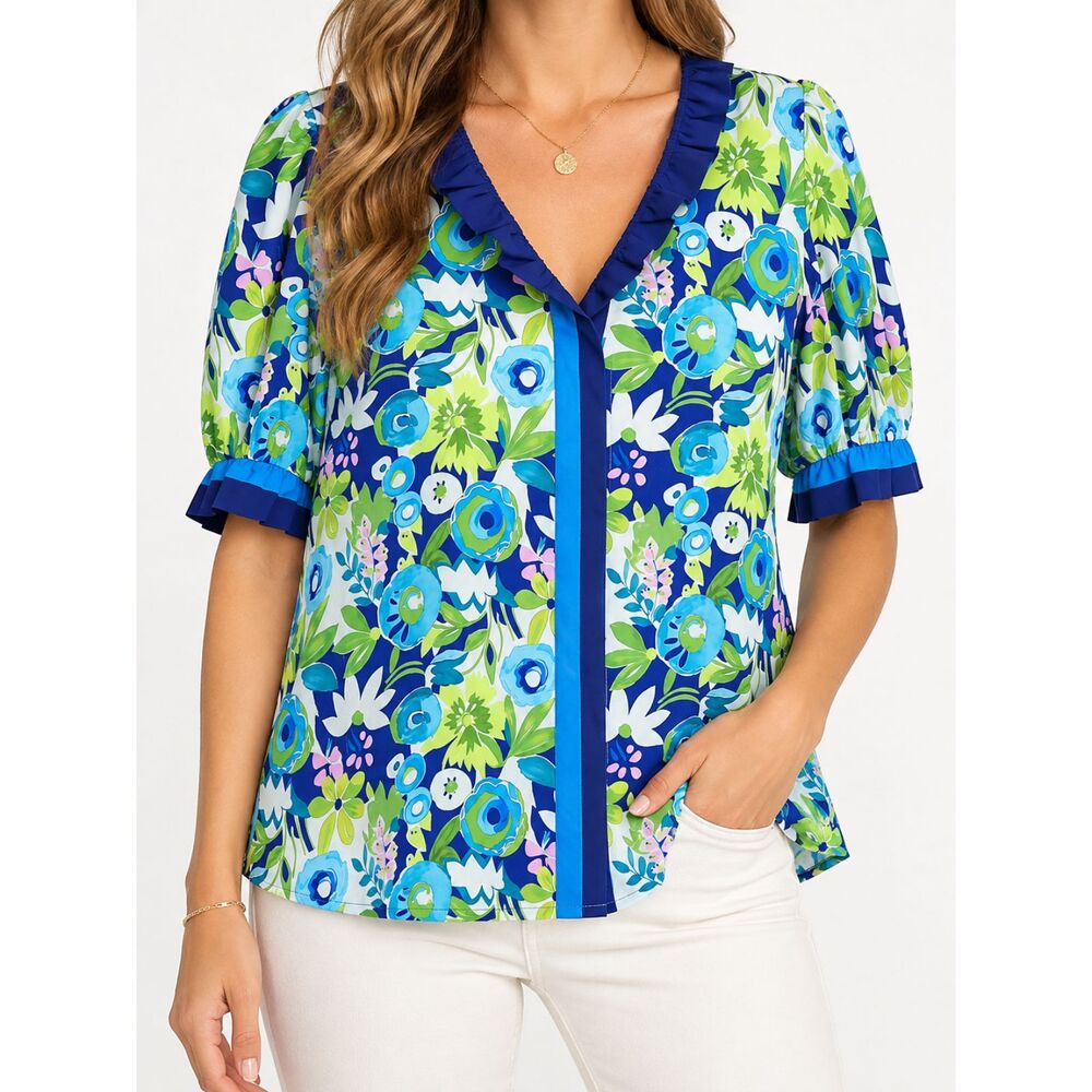 Cicy Bell XL Floral Blouse Blue Green Ruffle V Neck Puff Elbow Sleeve Boho NWT